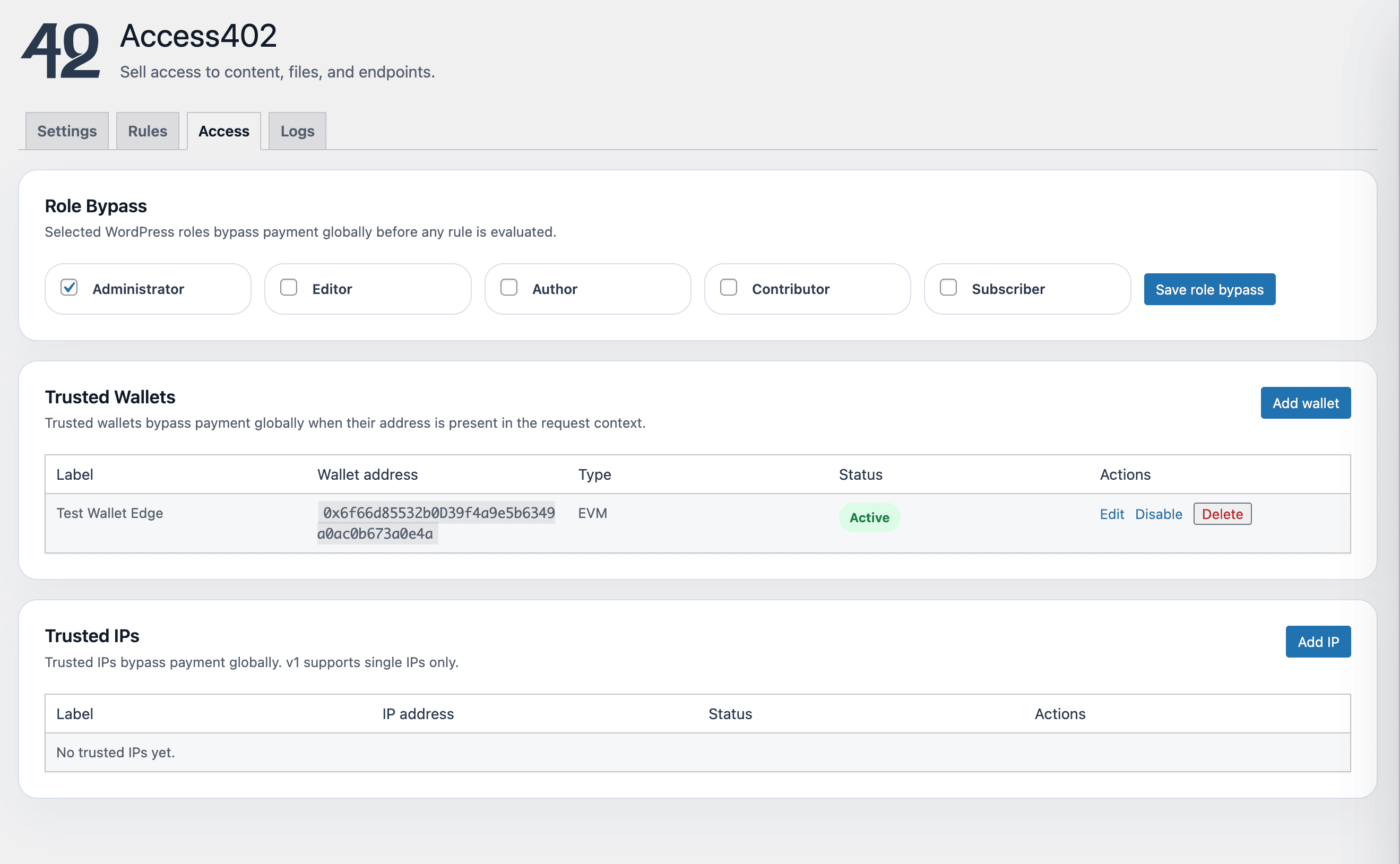 Access402 access screen showing trusted wallets, IPs, and bypass controls