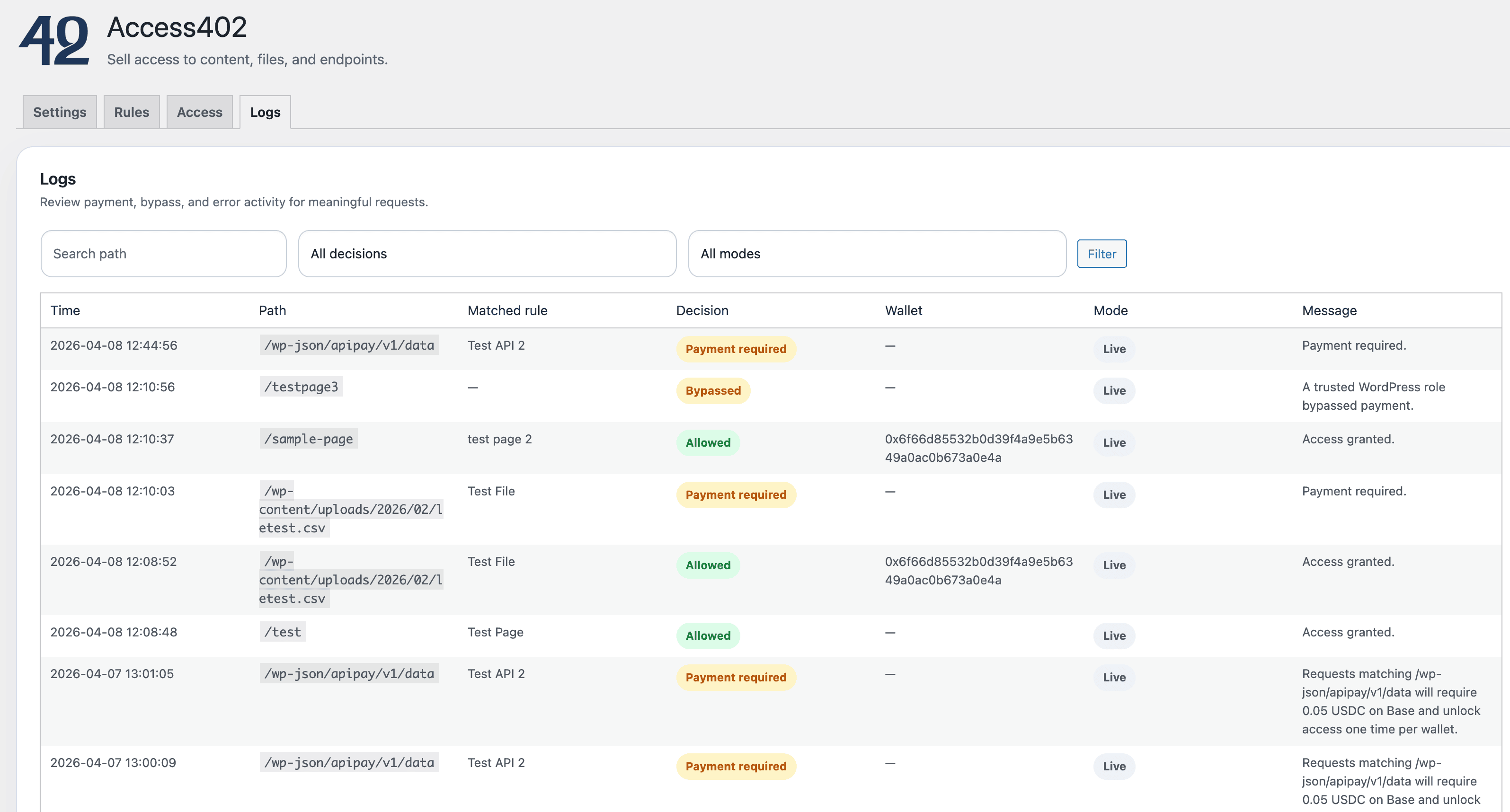 Access402 logs screen showing decisions and payment activity
