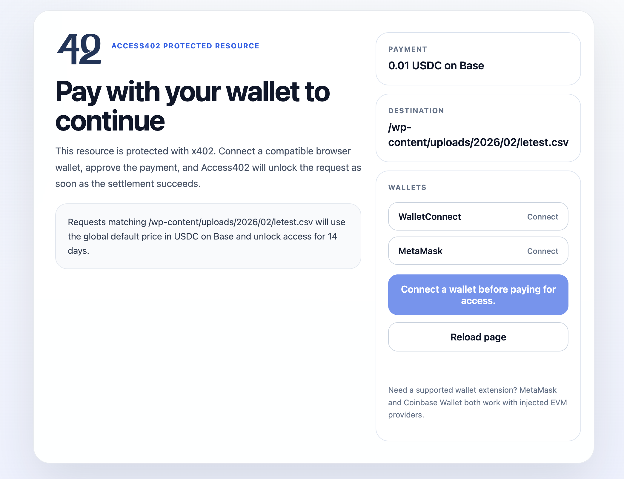 Access402 payment screen showing wallet-based access checkout